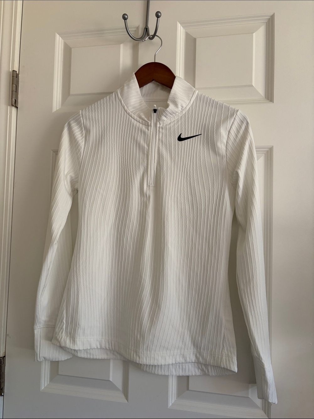 NWOT-Nike White Long Sleeve Ribbed Half-Zip Pullover with Black Swoosh
